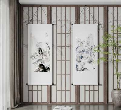 新中式书房挂画3D模型下载